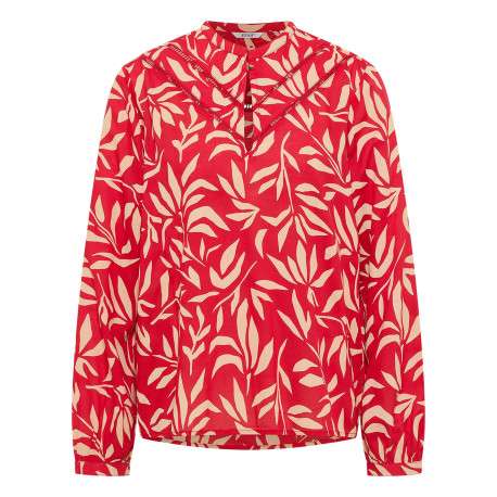 Blouse rouge ornée d'un motif fantaisie avec un col tunisien