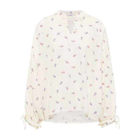 Blouse écrue ornée d'un motif fantaisie avec un col tunisien