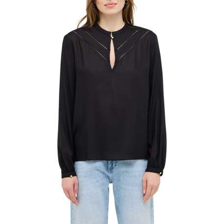 Blouse noire unie avec un col tunisien et des manches longues - Image 3