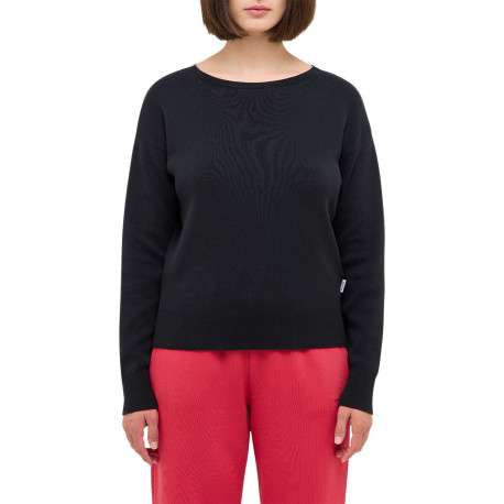 Pull en coton noir uni avec un col rond et des manches longues - Image 3