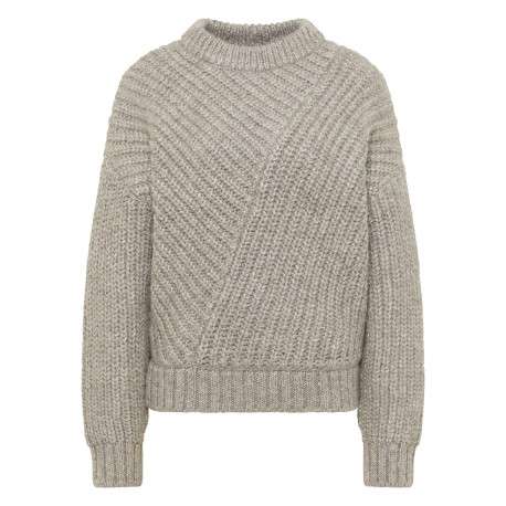 Pull beige uni avec un col rond côtelé et des manches longues