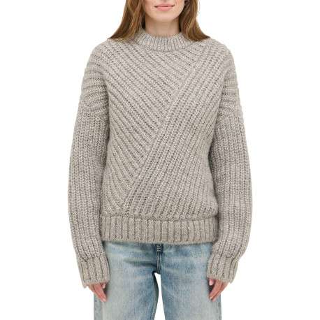 Pull beige uni avec un col rond côtelé et des manches longues - Image 3