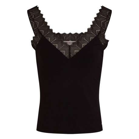 Débardeur noir uni à coupe ajustée, col v et à bretelles en dentelle