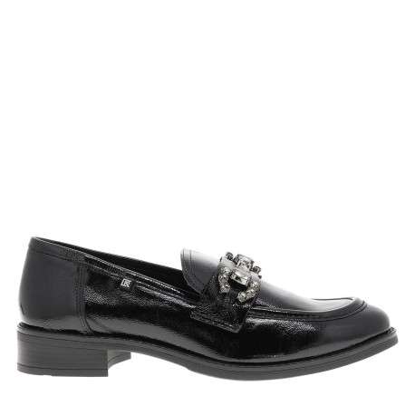 Mocassins en cuir noirs vernis avec semelle à talon plat et strass - Image 2