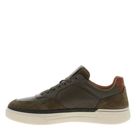 Baskets en cuir kaki avec empiècements effet daim et semelle à talon plat