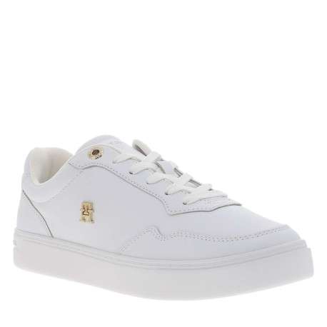 Tennis en cuir blanches avec semelle à talon plat et logos dorés - Image 3