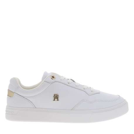Tennis en cuir blanches avec semelle à talon plat et logos dorés - Image 2