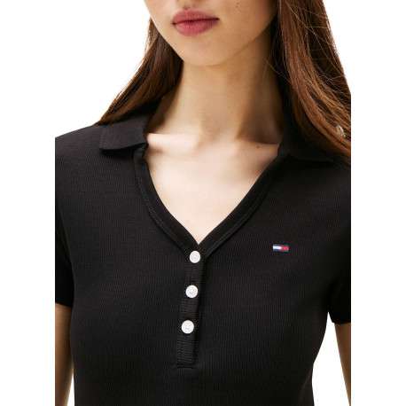 Robe courte en coton noire uni avec une coupe droite et des boutons - Image 3