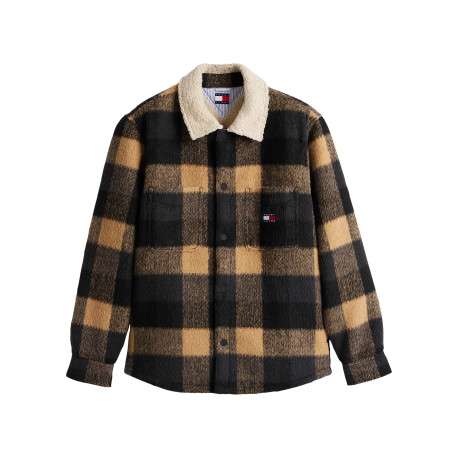 Surchemise noire carreaux avec une coupe droite et un col à revers