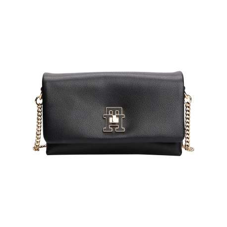 Sac à bandoulière noir uni avec un effet grain et un fermoir pivotant doré