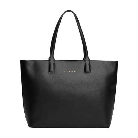 Sac shopping noir uni avec logo doré embossé et fermeture zippée