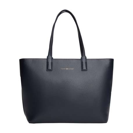 Sac shopping marine uni avec logo doré embossé et fermeture zippée
