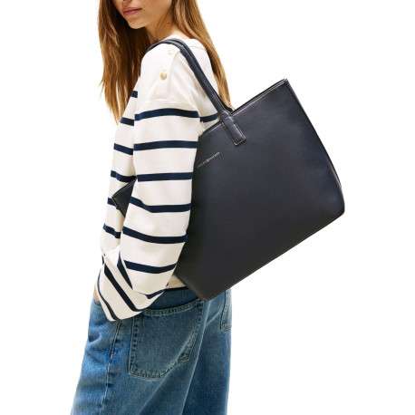 Sac shopping marine uni avec logo doré embossé et fermeture zippée - Image 5