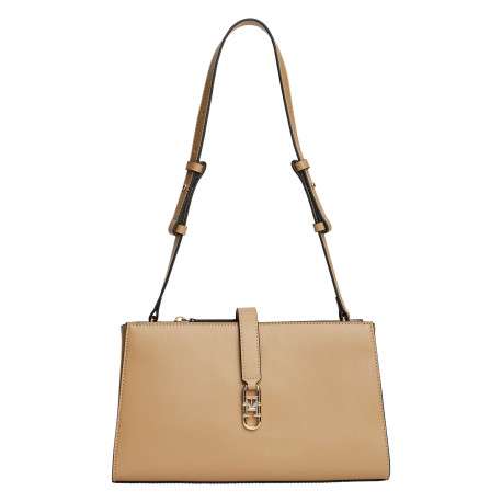 Sac porté épaule caramel uni avec fermeture aimantée et logo doré