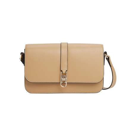 Sac à bandoulière caramel uni avec languette aimantée et logo doré