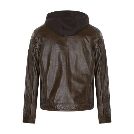Blouson en cuir en cuir marron uni avec une coupe droite et un col à capuche - Image 2
