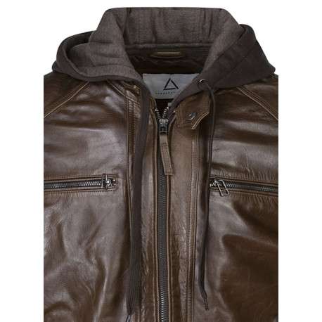Blouson en cuir en cuir marron uni avec une coupe droite et un col à capuche - Image 3