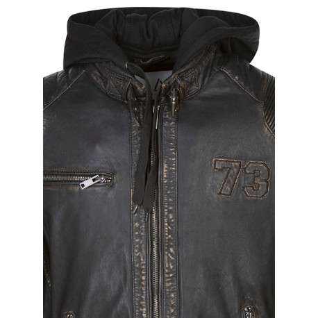 Blouson en cuir en cuir noir uni avec une coupe droite et un col à capuche - Image 3