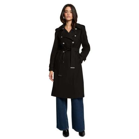Trench coat noir uni mi-long à coupe droite avec une ceinture à la taille - Image 3