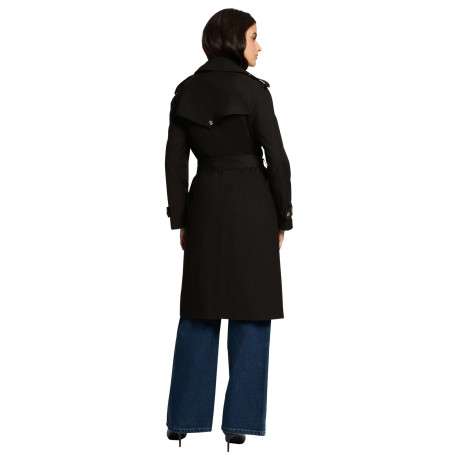 Trench coat noir uni mi-long à coupe droite avec une ceinture à la taille - Image 4