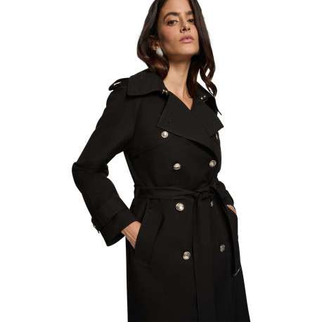 Trench coat noir uni mi-long à coupe droite avec une ceinture à la taille - Image 5