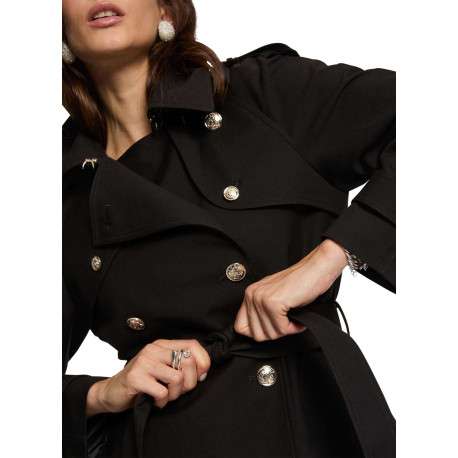 Trench coat noir uni mi-long à coupe droite avec une ceinture à la taille - Image 6