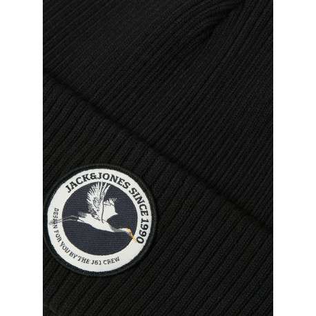 Bonnet en coton noir uni en maille avec un patch sur le revers - Image 2