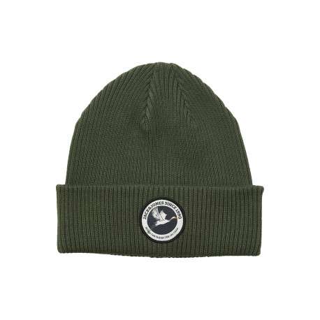 Bonnet en coton kaki uni en maille avec un patch sur le revers
