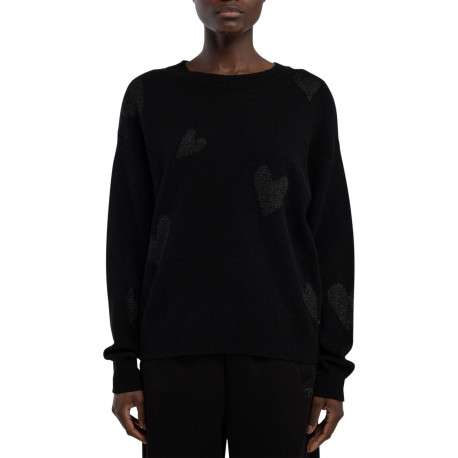 Pull en laine mélangée noir à coeurs avec un col rond et une coupe droite