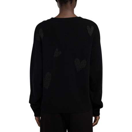 Pull en laine mélangée noir à coeurs avec un col rond et une coupe droite - Image 2