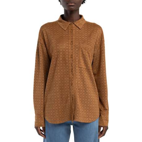 Chemisier camel uni aspect daim perforé à coupe droite avec une poche