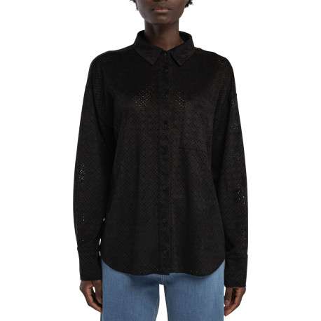 Chemisier noir uni aspect daim perforé à coupe droite avec une poche