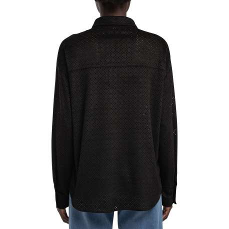 Chemisier noir uni aspect daim perforé à coupe droite avec une poche - Image 2