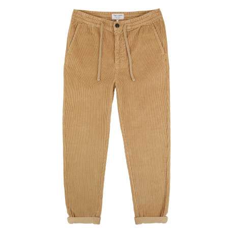 Pantalon en coton beige en velours côtelé à coupe regular fit avec des liens