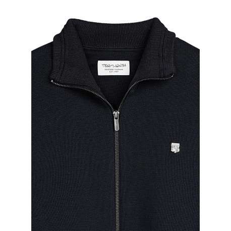 Gilet zippé en coton bleu marine uni en maille avec un col à revers - Image 3