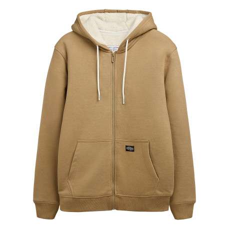 Sweat à capuche zippé en coton mélangé beige uni à coupe droite
