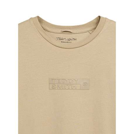 T-shirt en coton beige uni avec le nom de la marque à la poitrine et à col rond - Image 3