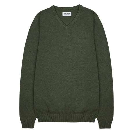 Pull en coton kaki uni à col v avec le nom de la marque en petit
