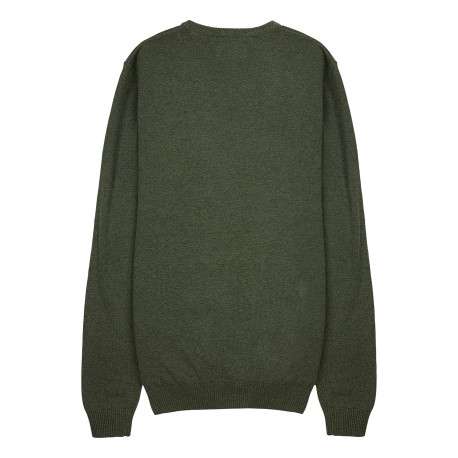 Pull en coton kaki uni à col v avec le nom de la marque en petit - Image 2