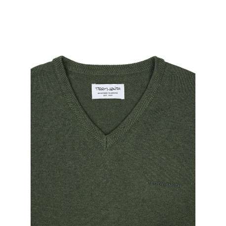 Pull en coton kaki uni à col v avec le nom de la marque en petit - Image 3