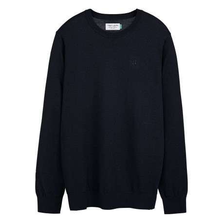 Pull bleu marine uni en maille avec un col rond et une coupe droite