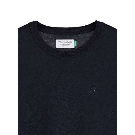 Pull bleu marine uni en maille avec un col rond et une coupe droite - Image 3