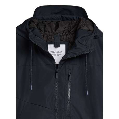 Imperméable bleu marine uni zippé à l'avant avec un col à capuche - Image 3