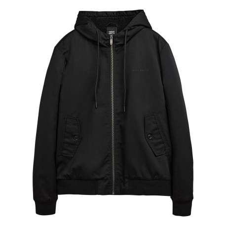 Blouson à capuche noir uni zippé à coupe droite avec le nom de la marque