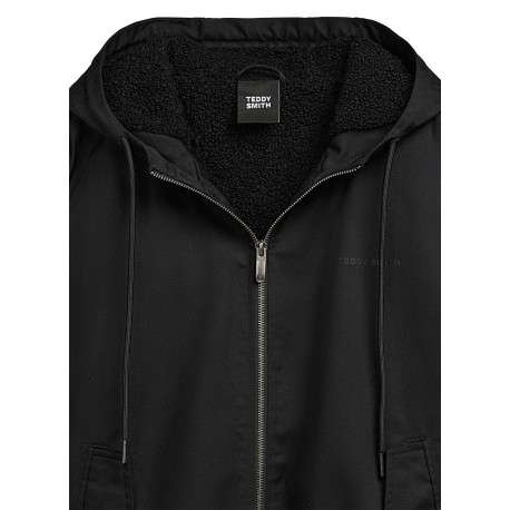 Blouson à capuche noir uni zippé à coupe droite avec le nom de la marque - Image 3