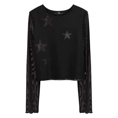 Top noir à motifs étoilés et à col rond avec des manches longues en resille