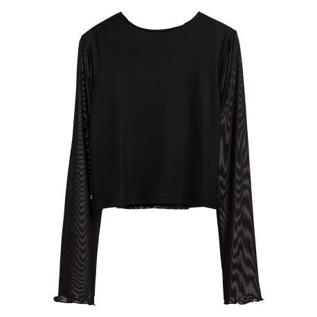 Top noir à motifs étoilés et à col rond avec des manches longues en resille - Image 2