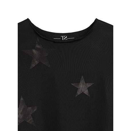 Top noir à motifs étoilés et à col rond avec des manches longues en resille - Image 3