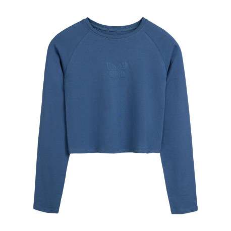 Top en coton bleu uni court avec des manches longues et à col rond