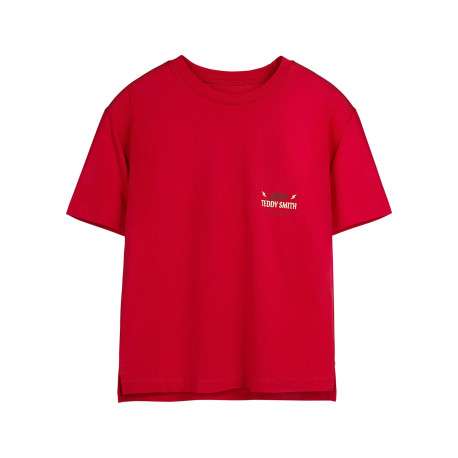 T-shirt en coton rouge imprimé à la poitrine et au dos avec un col rond